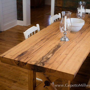 Farmhouse Kitchen, Dining Table & recaimed barnwood paneling