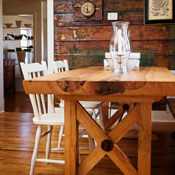 Farmhouse Kitchen, Dining Table & recaimed barnwood paneling