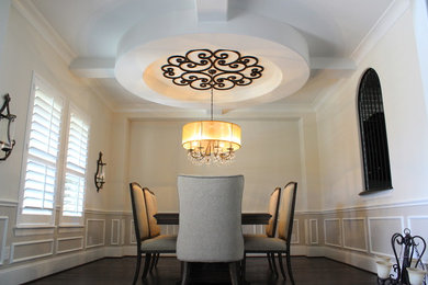 Inspiration for a mediterranean dark wood floor enclosed dining room remodel in Houston with white walls