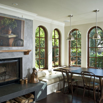 Fireplace with hearth and custom banquette