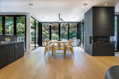 Foto de comedor contemporáneo abierto con paredes blancas, suelo de madera en tonos medios, chimenea lineal y suelo marrón