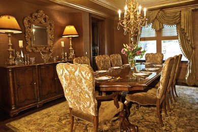 Mid-sized elegant dark wood floor enclosed dining room photo in Orange County with brown walls