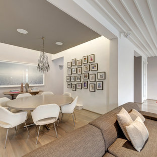 Ejemplo de comedor contemporáneo, grande, abierto, sin chimenea, con paredes blancas y suelo de madera clara
