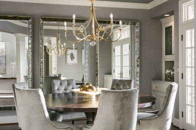 Example of a mid-sized transitional medium tone wood floor dining room design in Kansas City with gray walls and no fireplace