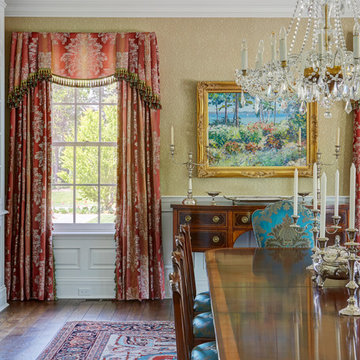 Formal Dining Room with Large Crystal Chandelier and Custom Silk Draperies