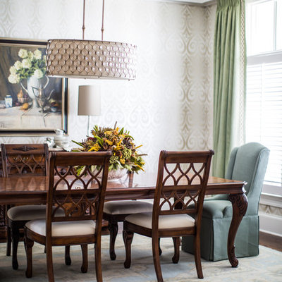 Example of a large transitional dark wood floor kitchen/dining room combo design in Nashville with beige walls and no fireplace