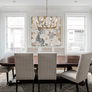 Ispirazione per una grande sala da pranzo classica chiusa con pareti bianche, parquet chiaro, pavimento marrone, nessun camino e pannellatura