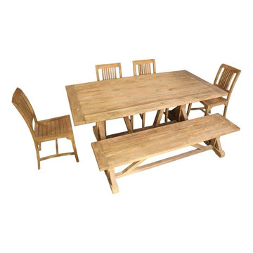 Fulton Teak Wood Trestle Base Dining Table With 4 Chairs & Bench Set