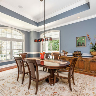 Elegant medium tone wood floor enclosed dining room photo in Tampa with blue walls and no fireplace