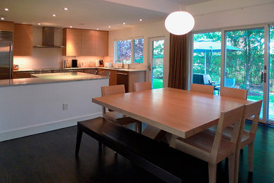 Medium sized contemporary kitchen/dining room in New York with white walls, dark hardwood flooring and brown floors.