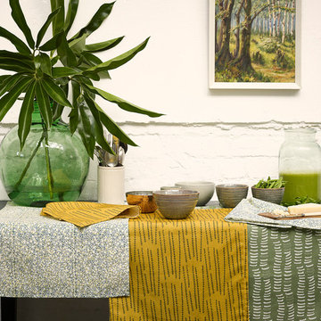 Garden of Eden Collection Fabrics and Table Linens in Avocado Green, Mustard Yel