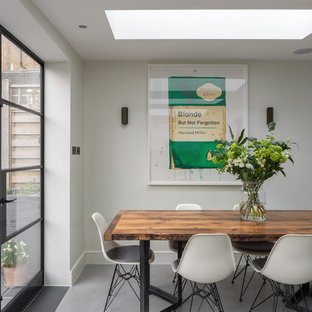 Medium sized contemporary kitchen/dining room in London with concrete flooring, grey floors and white walls.