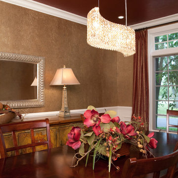 Gracious Dining Room with Dark Ceiling and Glass Chandelier