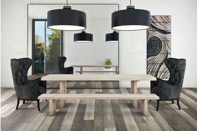 Imagen de comedor de cocina minimalista de tamaño medio con paredes grises, suelo vinílico y suelo gris