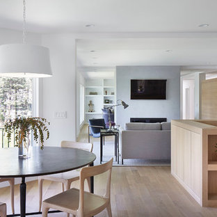Esempio di una sala da pranzo aperta verso il soggiorno scandinava di medie dimensioni con pareti bianche, parquet chiaro, camino bifacciale, cornice del camino in intonaco e pavimento beige