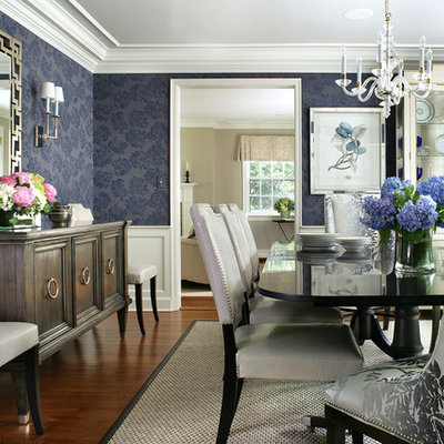 Inspiration for a large timeless dark wood floor enclosed dining room remodel in New York with blue walls and no fireplace