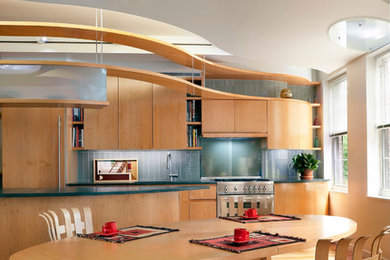 Ejemplo de comedor de cocina moderno con paredes verdes y suelo de madera en tonos medios