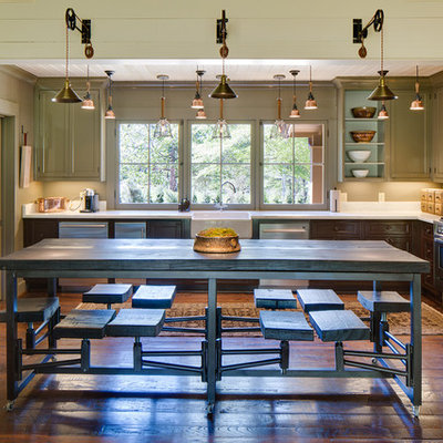 Mid-sized farmhouse dark wood floor and brown floor kitchen/dining room combo photo in Nashville with beige walls and no fireplace