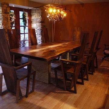 handmade dining room table and chandelier