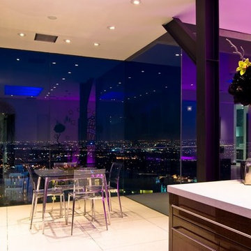Harold Way Hollywood Hills modern home glass wall dining room & breakfast table