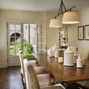 Cette photo montre une salle à manger chic avec un mur beige et un sol en bois foncé.