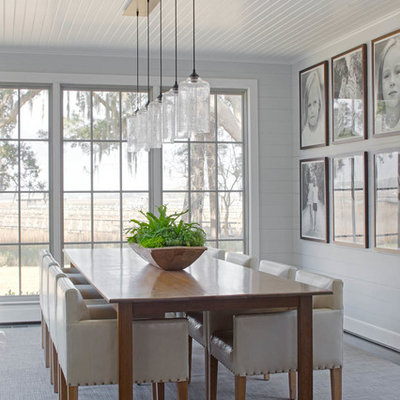 Enclosed dining room - large transitional carpeted and gray floor enclosed dining room idea in Atlanta with gray walls and no fireplace
