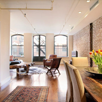 Historic Loft Renovation, Open Dining and Living Area with Exposed Brick, NYC
