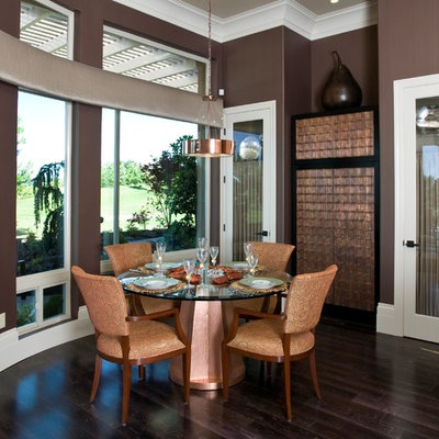Inspiration for a mid-sized contemporary dark wood floor great room remodel in Sacramento with brown walls