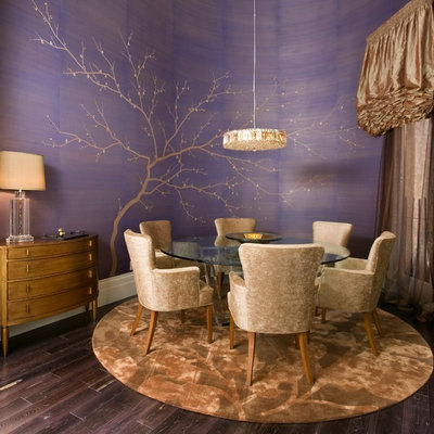 Example of a mid-sized trendy dark wood floor dining room design in Sacramento with purple walls