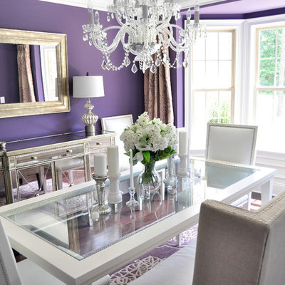 Dining room - contemporary dark wood floor dining room idea in Raleigh with purple walls