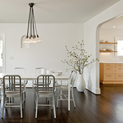 Kitchen/dining room combo - contemporary dark wood floor kitchen/dining room combo idea in Portland with white walls