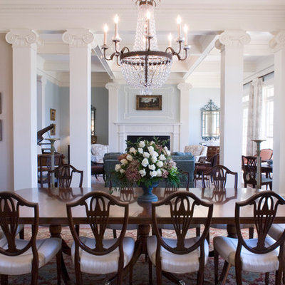 Example of a classic dark wood floor great room design in Atlanta with gray walls