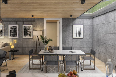 Medium sized rural open plan dining room in West Midlands with grey walls, light hardwood flooring, beige floors and a timber clad ceiling.