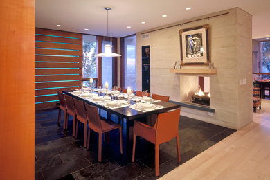 Inspiration for a huge modern enclosed dining room remodel in DC Metro with a two-sided fireplace and a stone fireplace