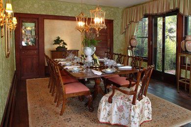 Enclosed dining room - mid-sized traditional carpeted enclosed dining room idea in Philadelphia with green walls