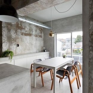 Inspiration för små industriella kök med matplatser, med grå väggar och betonggolv