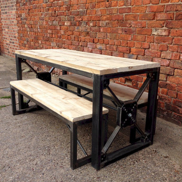 Industrial Steampunk Reclaimed Wood Dining Table and Benches
