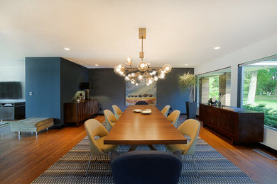 Diseño de comedor grande con paredes azules, suelo de madera oscura y chimenea de doble cara