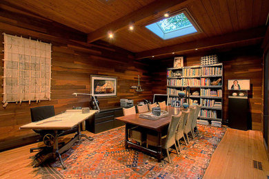 Example of a large eclectic light wood floor great room design in Chicago