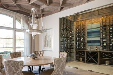 Inspiration for a coastal beige floor dining room remodel in Dallas with white walls