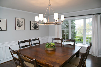 Inspiration for a transitional dark wood floor enclosed dining room remodel in Philadelphia with gray walls and no fireplace