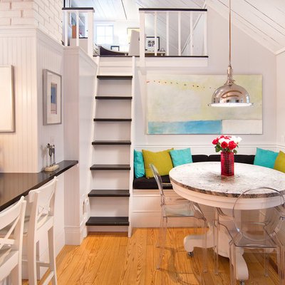 Inspiration for a coastal medium tone wood floor kitchen/dining room combo remodel in Portland Maine with gray walls