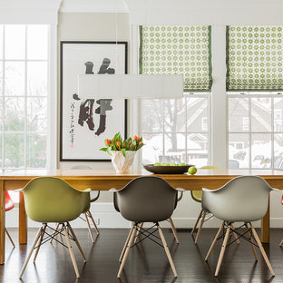 Example of a large transitional dark wood floor and brown floor kitchen/dining room combo design in Boston with beige walls and no fireplace