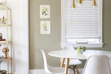 Mid-sized danish dark wood floor kitchen/dining room combo photo in Nashville with beige walls