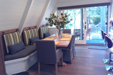 Ispirazione per una sala da pranzo aperta verso la cucina eclettica di medie dimensioni con pareti bianche, pavimento in legno massello medio e pavimento marrone