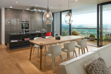 Immagine di una sala da pranzo aperta verso la cucina minimal di medie dimensioni con parquet chiaro