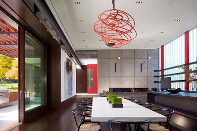 Ispirazione per una sala da pranzo aperta verso il soggiorno contemporanea con parquet scuro