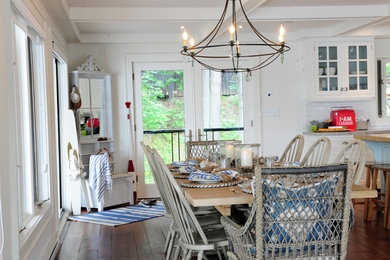 Mid-sized beach style dark wood floor and brown floor kitchen/dining room combo photo in Other with white walls and no fireplace