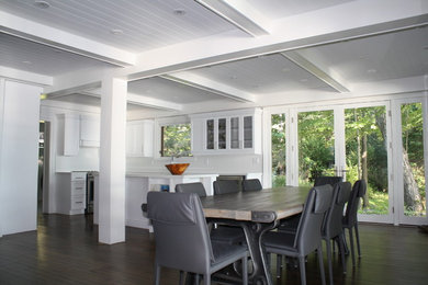 Example of a large transitional dark wood floor great room design in Toronto with white walls