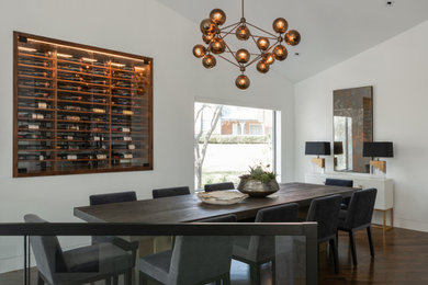 Inspiration for a contemporary dark wood floor and brown floor dining room remodel in Dallas with white walls and no fireplace